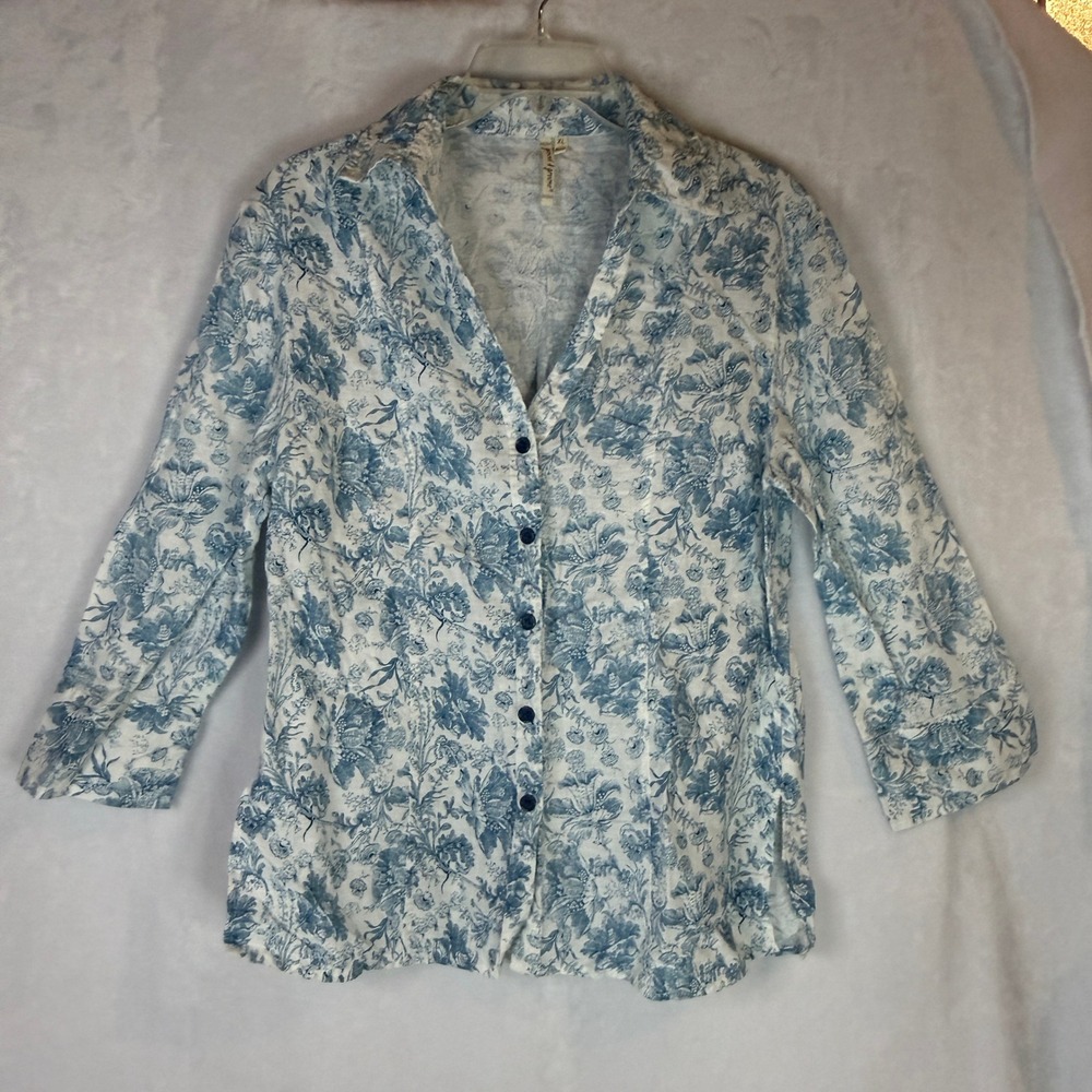 Grand‎ & Greene Linen Blend Toile Floral Button Front Blouse XL Blue White